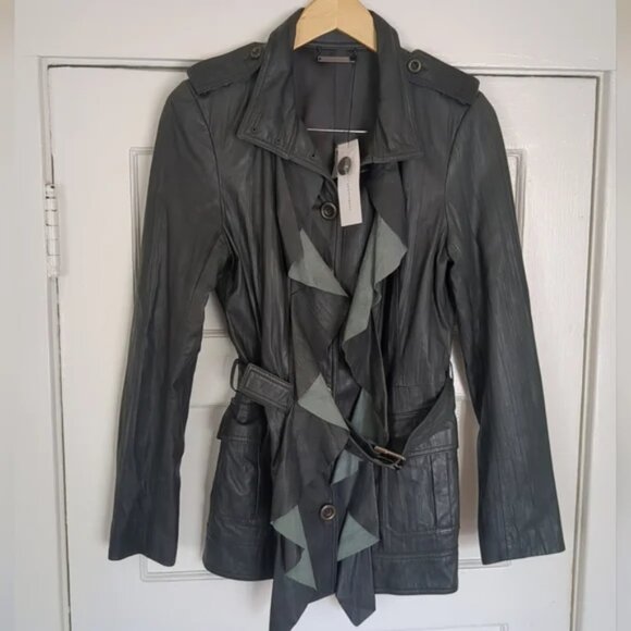 NWT Diane Von‎ Furstenburg Millitette Leather Jacket Button Belted Size 12 - Picture 1 of 13